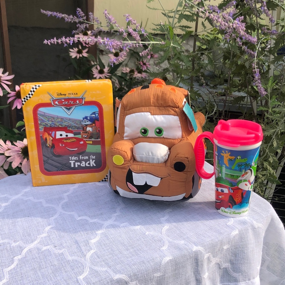 DISNEY PIXAR Cars Tow Mater XL stuffed plush pillow toy CARS book & travel mug